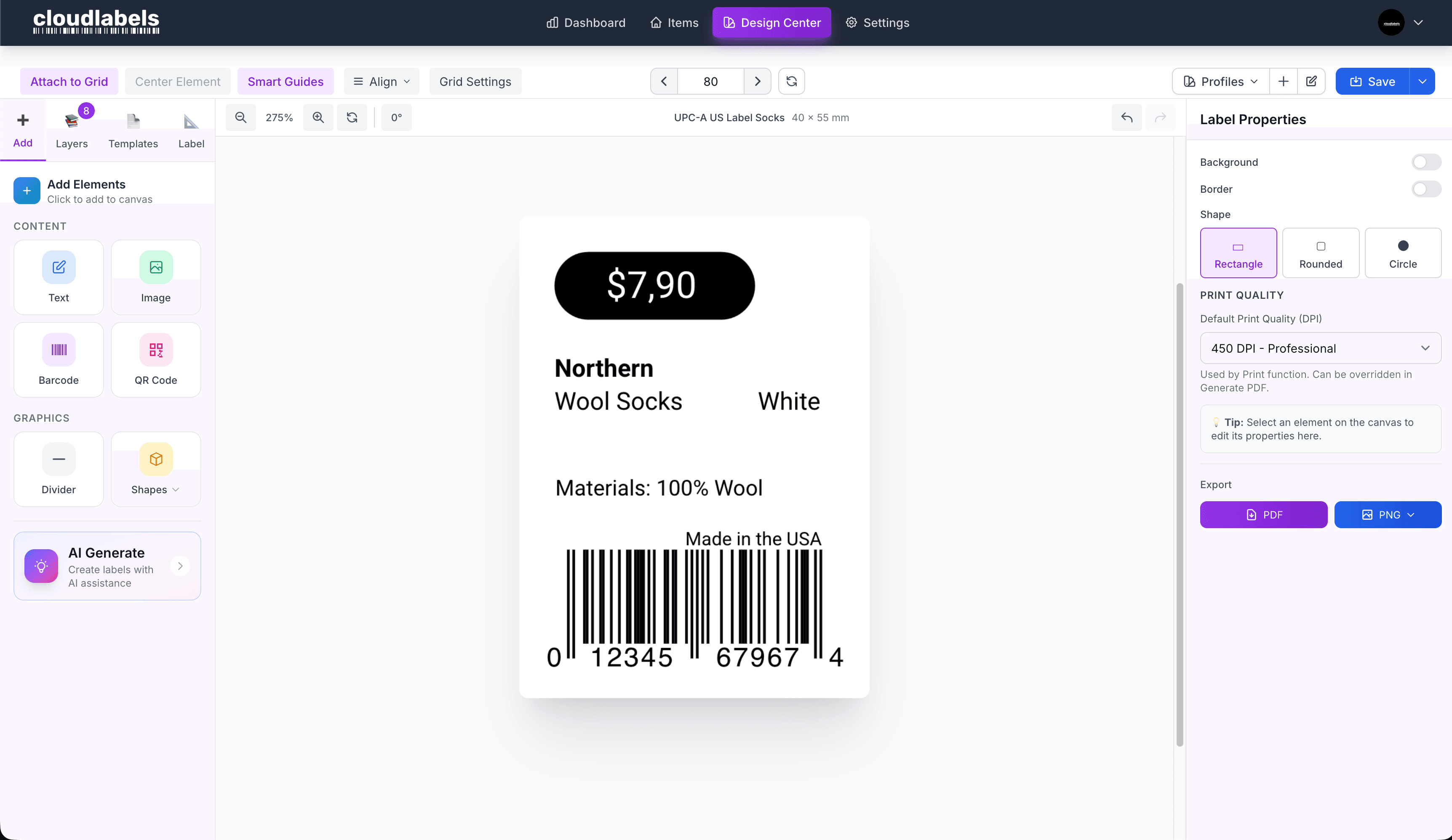 Cloudlabels Design Center - Drag-and-drop barcode and QR label designer with live preview