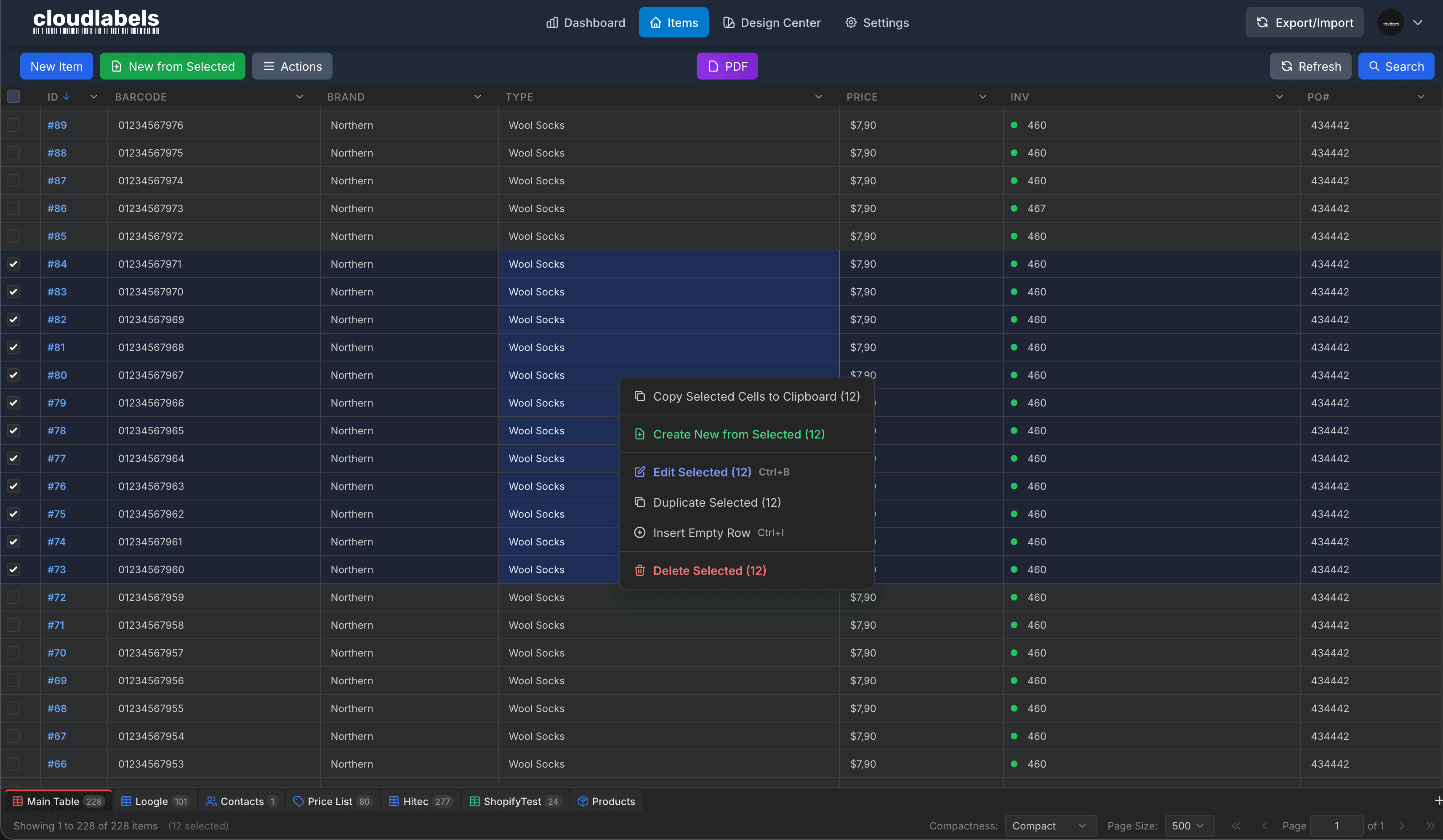 Cloudlabels Item Table - Overview of your inventory data